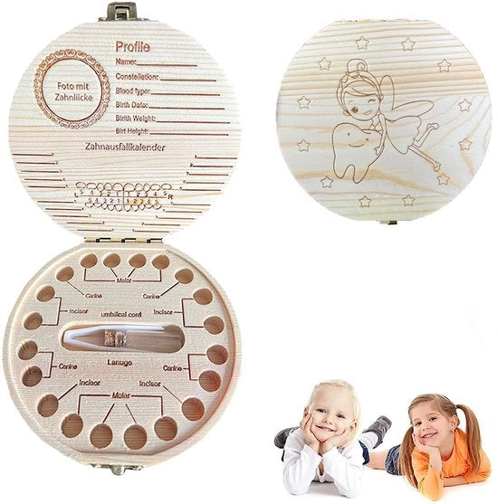 Borsa per conservazione dei denti da latte, organizzatore per denti da latte dei bambini, cassetta di ricordo, raccolta dei denti da latte e borsa di conservazione - Dimensioni: 15 x 10 x 5 cm, Materiale: legno, Capacità: 20-25 denti da latte