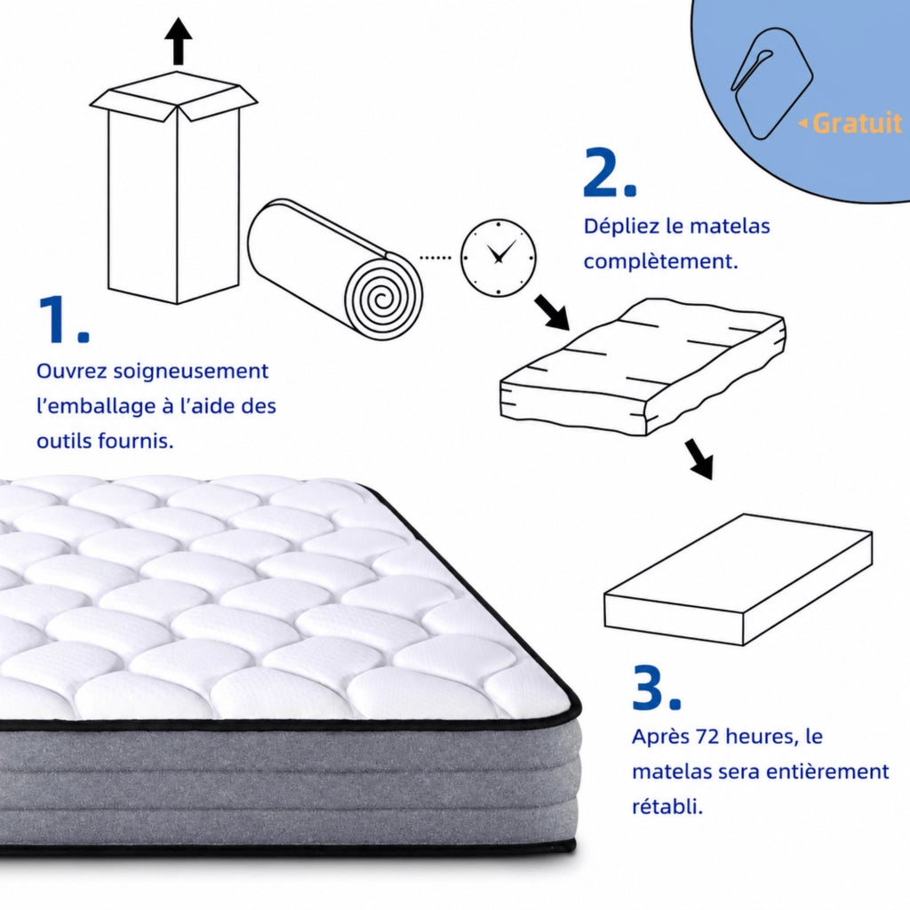Materasso a molle insacchettate ULEVR a 7 zone con memory foam, altezza circa 20 cm, bianco e grigio