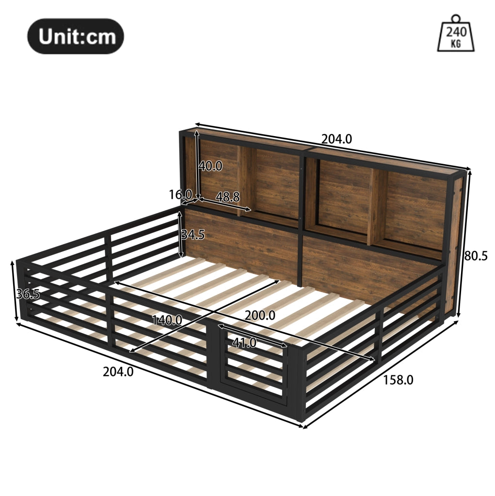 Letto 140x200 cm con LED; sponde e vani portaoggetti in MDF e metallo nero
