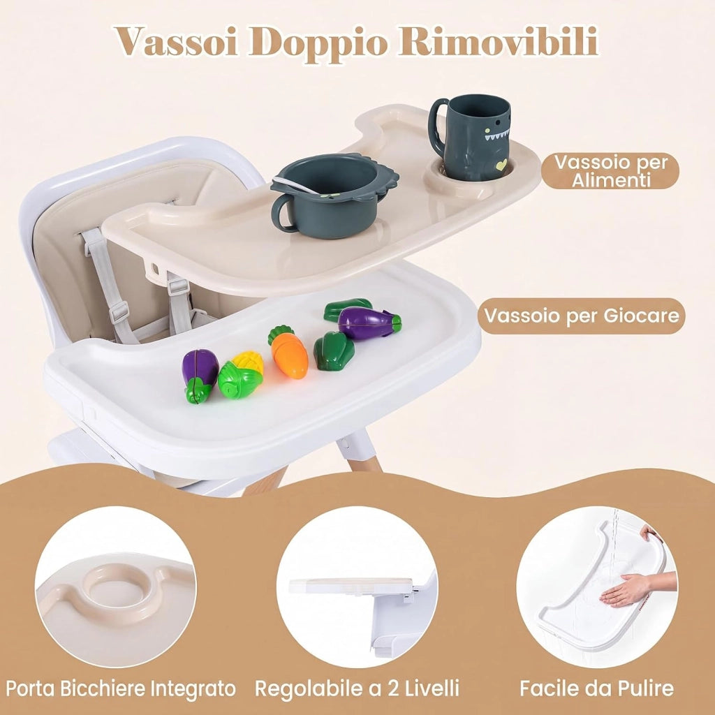 Seggiolone Pappa Pieghevole 4 in 1 con Cuscino di Seduta (Beige) | Seggiolone per Neonati 6-36 Mesi con Vassoi Rimovibili, Portabicchieri, Cintura di Sicurezza e Gambe in Legno