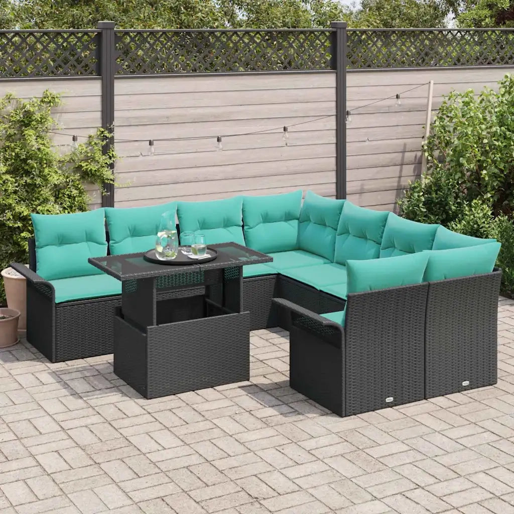 Set Divano da Giardino con cuscino 9 pcs Nero Poly Rattan