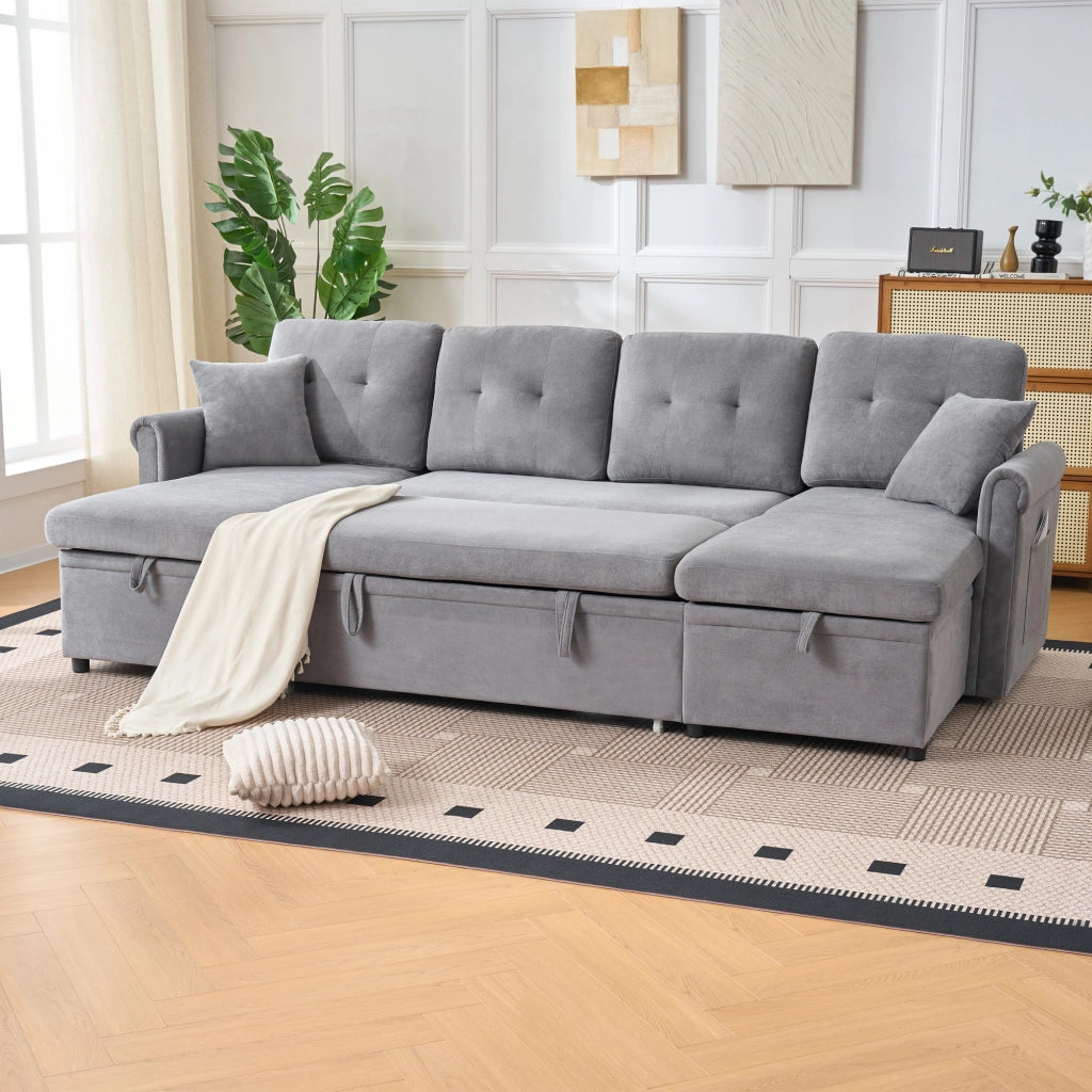 Divano letto angolare 4-5 posti con contenitore e tasca laterale in chenille grigio