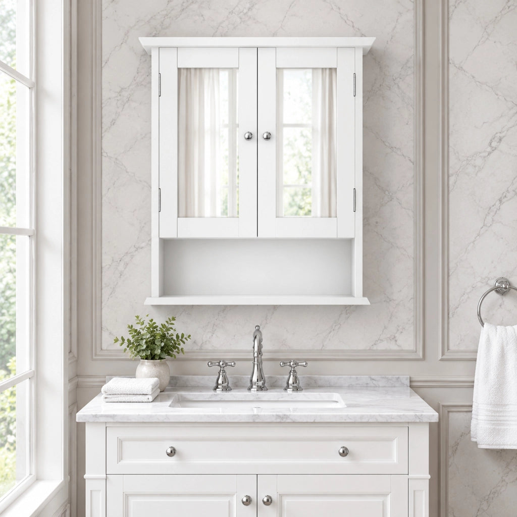 Mobile bagno sospeso con specchio e ripiani regolabili; 54;6x19;8x60 cm; MDF bianco