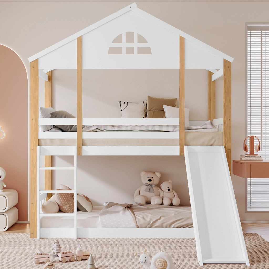OKWISH Letto a Castello 90×200 cm, Letto Singolo con Scivolo, Scala 3 Gradini e Finestra, senza Materasso, in Legno, Bianco e Naturale