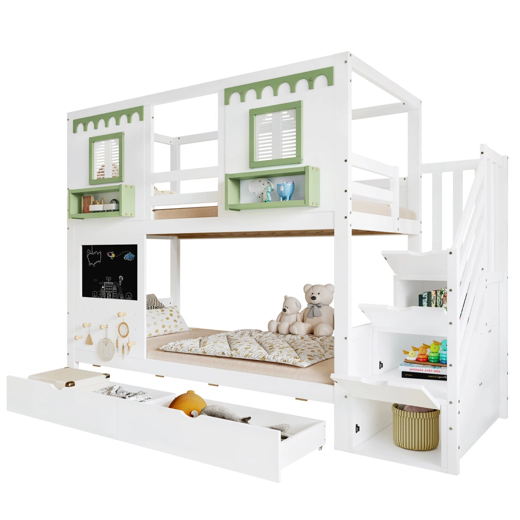 Letto a castello per bambini 90x200 cm con scala contenitore, 2 cassetti, lavagna e pannello forato, bianco+verde