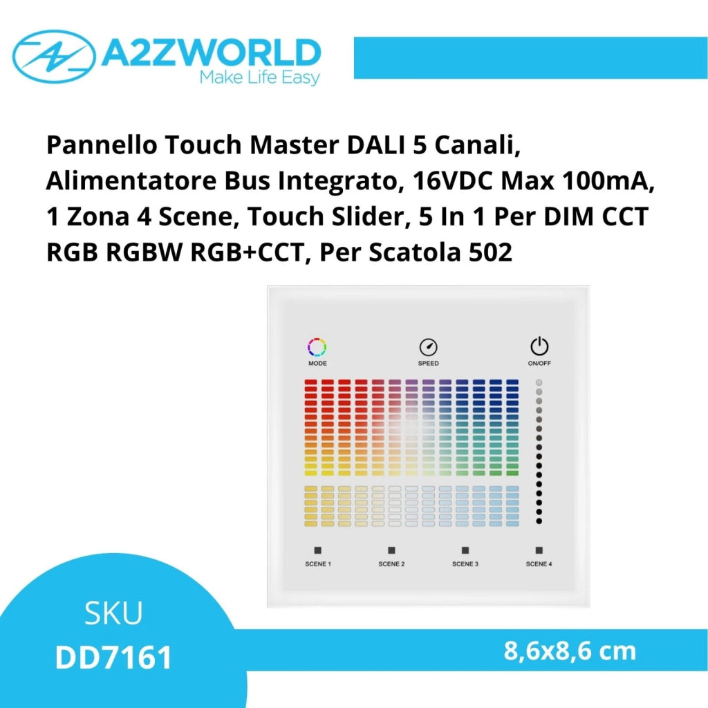 Pannello Touch Master DALI 5 Canali, Alimentatore Bus Integrato, 16VDC Max 100mA, 1 Zona 4 Scene, Touch Slider, 5 In 1 Per DIM CCT RGB RGBW RGB+CCT, 86X86mm Per Scatola 502