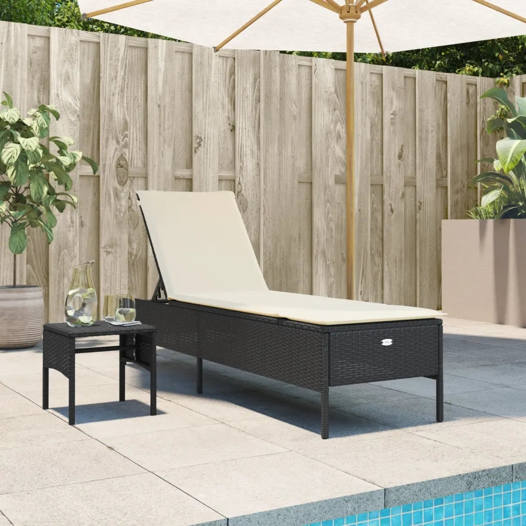 Lettino Prendisole | Sdraio da giardino | Lettino da sole con Tavolo e Cuscino Nero in Polyrattan