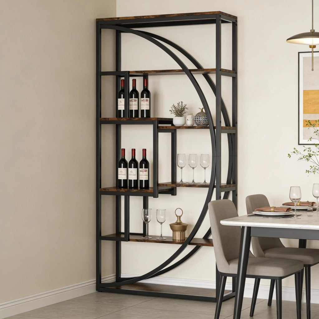 Libreria geometrica a 6 livelli in metallo nero e legno marrone rustico