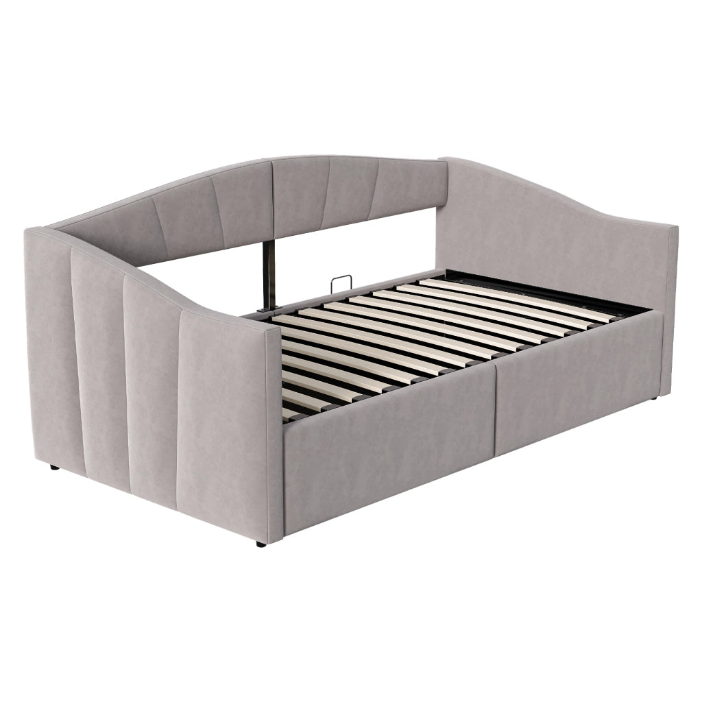 OKWISH Letto Divano 90×200 cm, Letto Singolo con Contenitore Idraulico, Schienale e Braccioli, senza Materasso, in Velluto, Grigio Chiaro