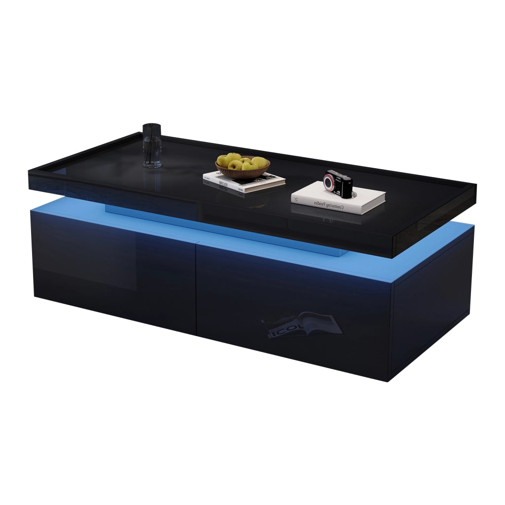 OKWISH Tavolino da Salotto con 2 Cassetti e Vano Semiaperto, LED con Controllo da App, per Soggiorno, Pannello di Truciolare, Nero, 95 x 45 x 35 cm