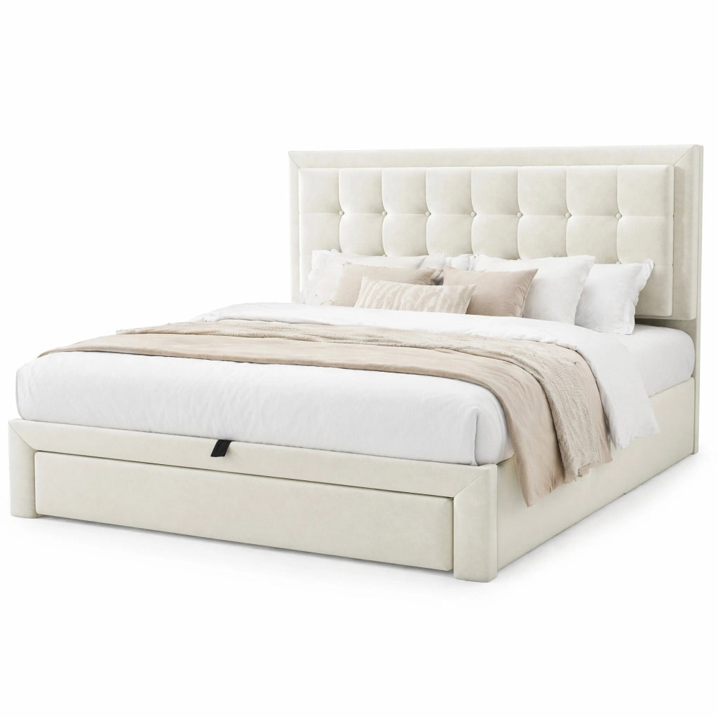Letto matrimoniale imbottito 140x200 cm in velluto beige con testiera regolabile e contenitore