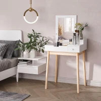 Camerino Design Scandinavo Tavola Da Trucco Multi-rangements Miroir Pieghevole 60L x 50l x 86H cm Pino E MDF Bianco