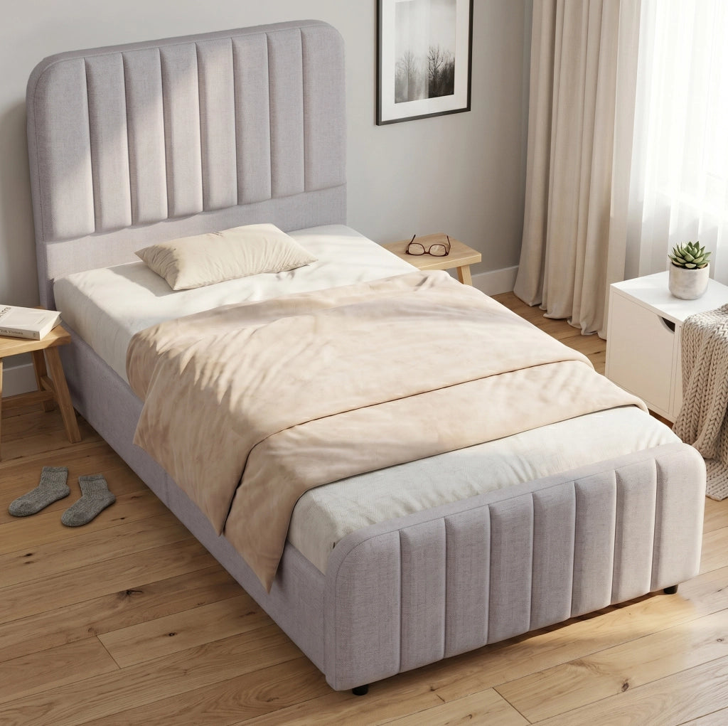 Letto imbottito 90x200 cm con contenitore idraulico in lino grigio