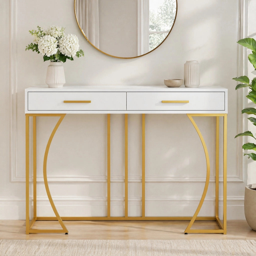 Tavolo consolle da ingresso con 1 cassetto; struttura in metallo e piano in MDF; bianco; 110 x 32 x 85 cm