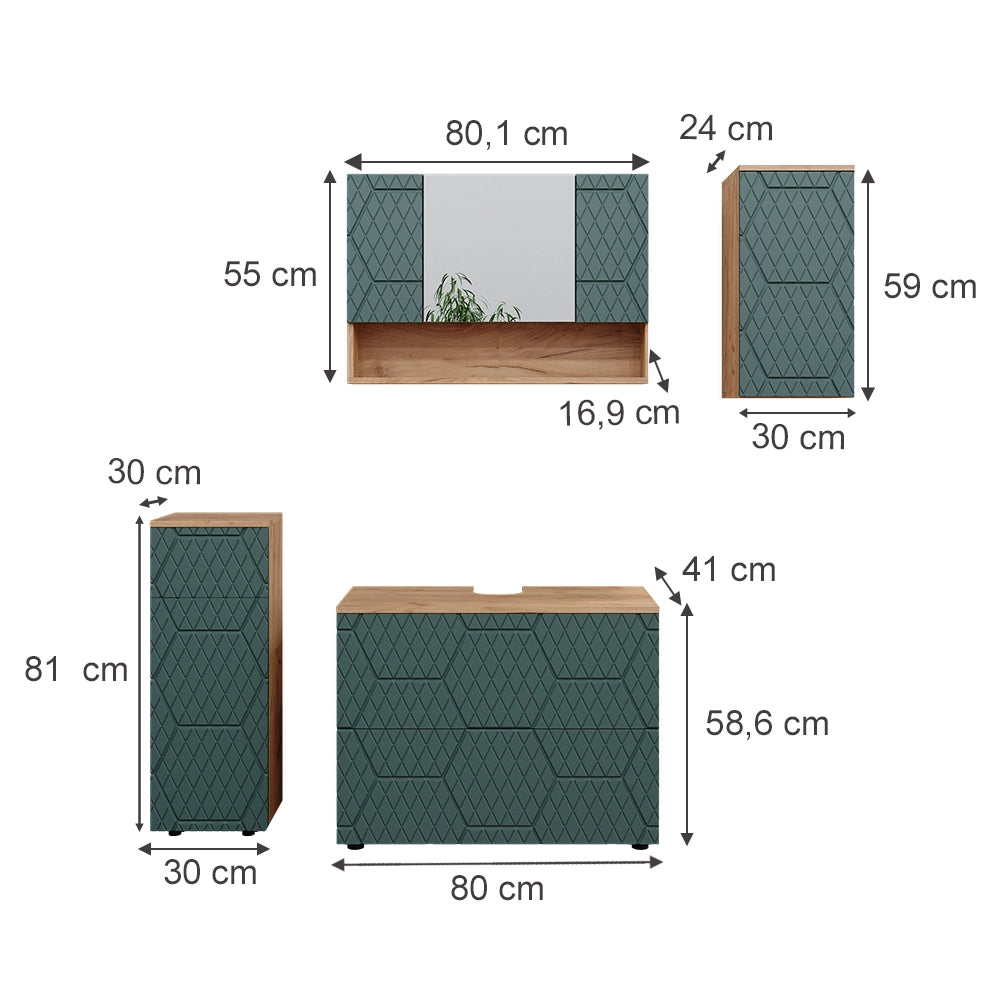 Vicco Set mobili bagno Quercia verde/oro 4 parti