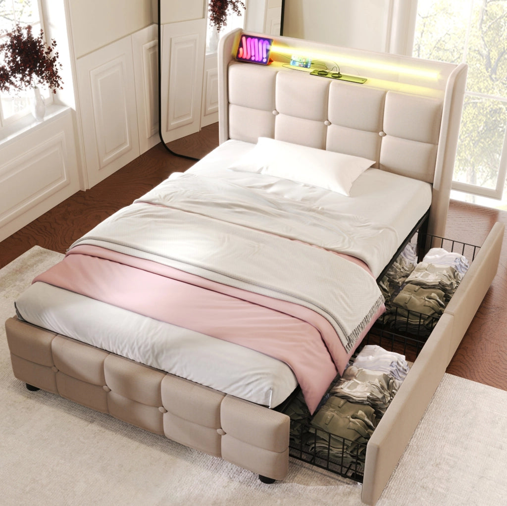 Letto singolo 90x200 cm con USB; prese; LED e 2 cassetti; beige