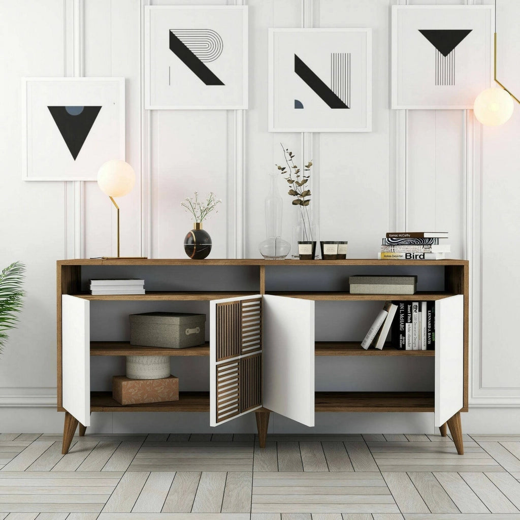 Credenza Garigliano, Buffet da soggiorno, Madia da salotto, Dispensa da cucina, 160x35 h79 cm, Noce e Bianco