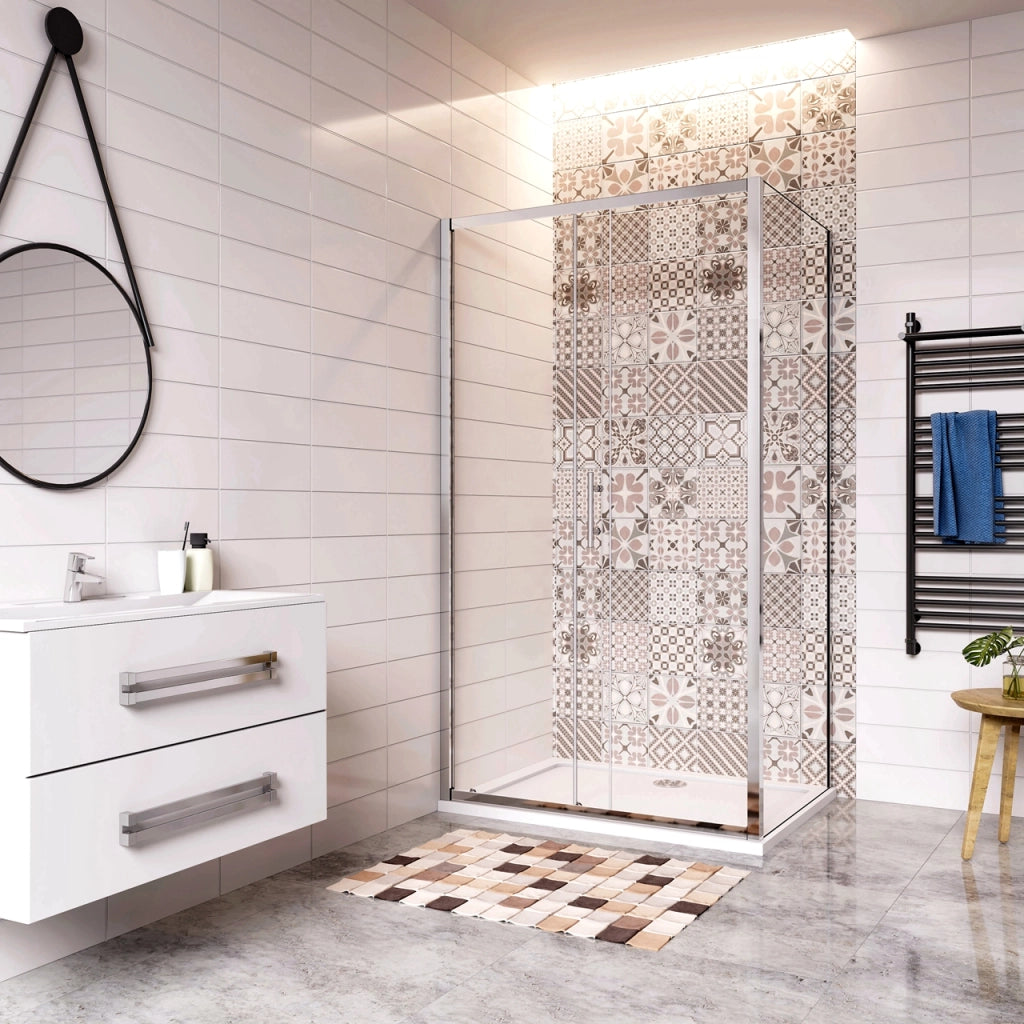 185 cm Box Doccia Angolare Porta Scorrevole con Parete Fissa Vetro Temperato 5 mm Trasparente Telaio Cromato Lucido 110x80 cm
