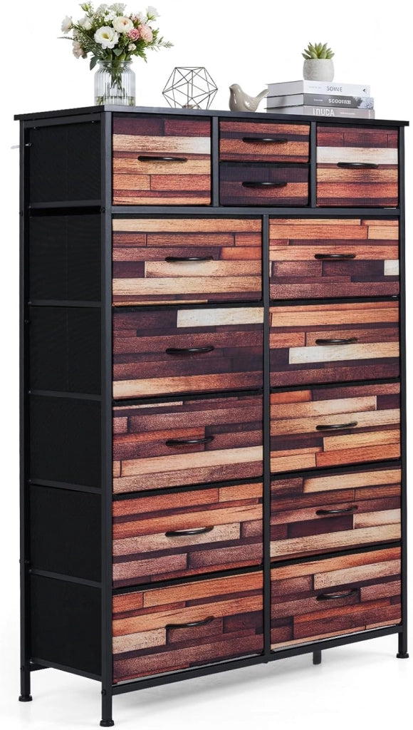 Cassettiera in Tessuto, Comò Salvaspazio a 14 Cassetti di 3 Dimensioni, Struttura in Metallo, Marrone Vintage e Nero, per Camera da Letto, Ingresso e Soggiorno (85 x 30 x 120 cm)