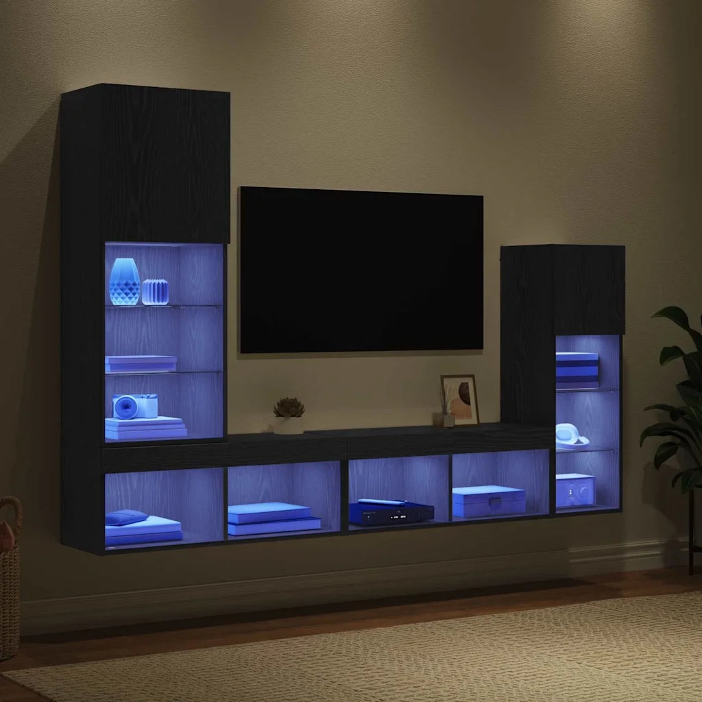 Mobile Porta TV a Muro 4 pz-Credenza per TV Rovere Nero Legno multistrato