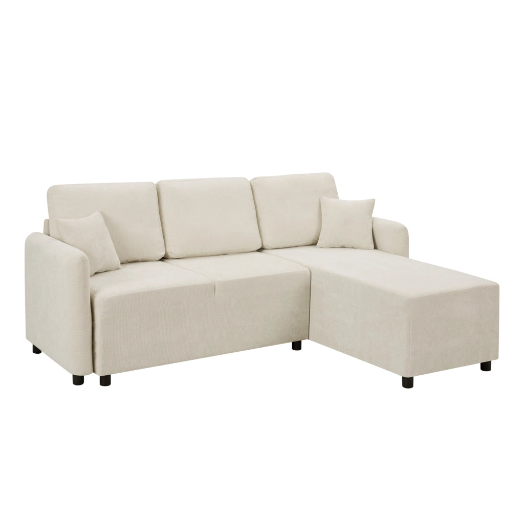 Divano angolare a tre posti con penisola in ciniglia beige e due cuscini per il massimo relax
