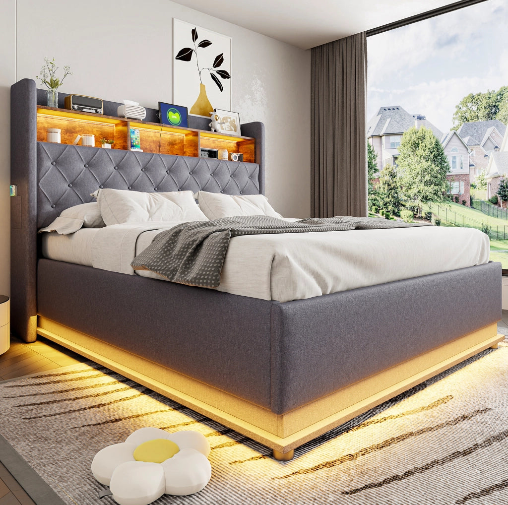Letto imbottito con LED e porta USB 160x200 cm; contenitore idraulico; tessuto effetto lino grigio