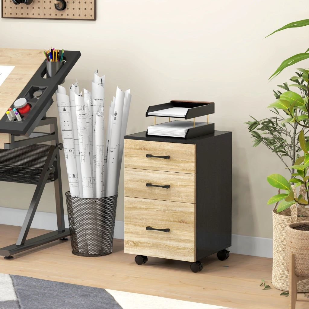 Cassettiera ufficio con ruote e cassetti ¨C Xylo ¨C Rovere e nero 40x42x65cm
