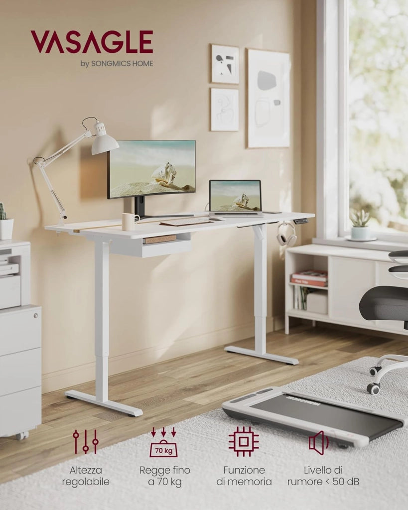 VASAGLE Scrivania Elettrica Regolabile in Altezza, Piano del Tavolo 70 x 160 cm, Regolabile in Continuo, Funzione di Memoria con 4 Altezze, Bianco Nuvola e Rovere Natura LSD116W01