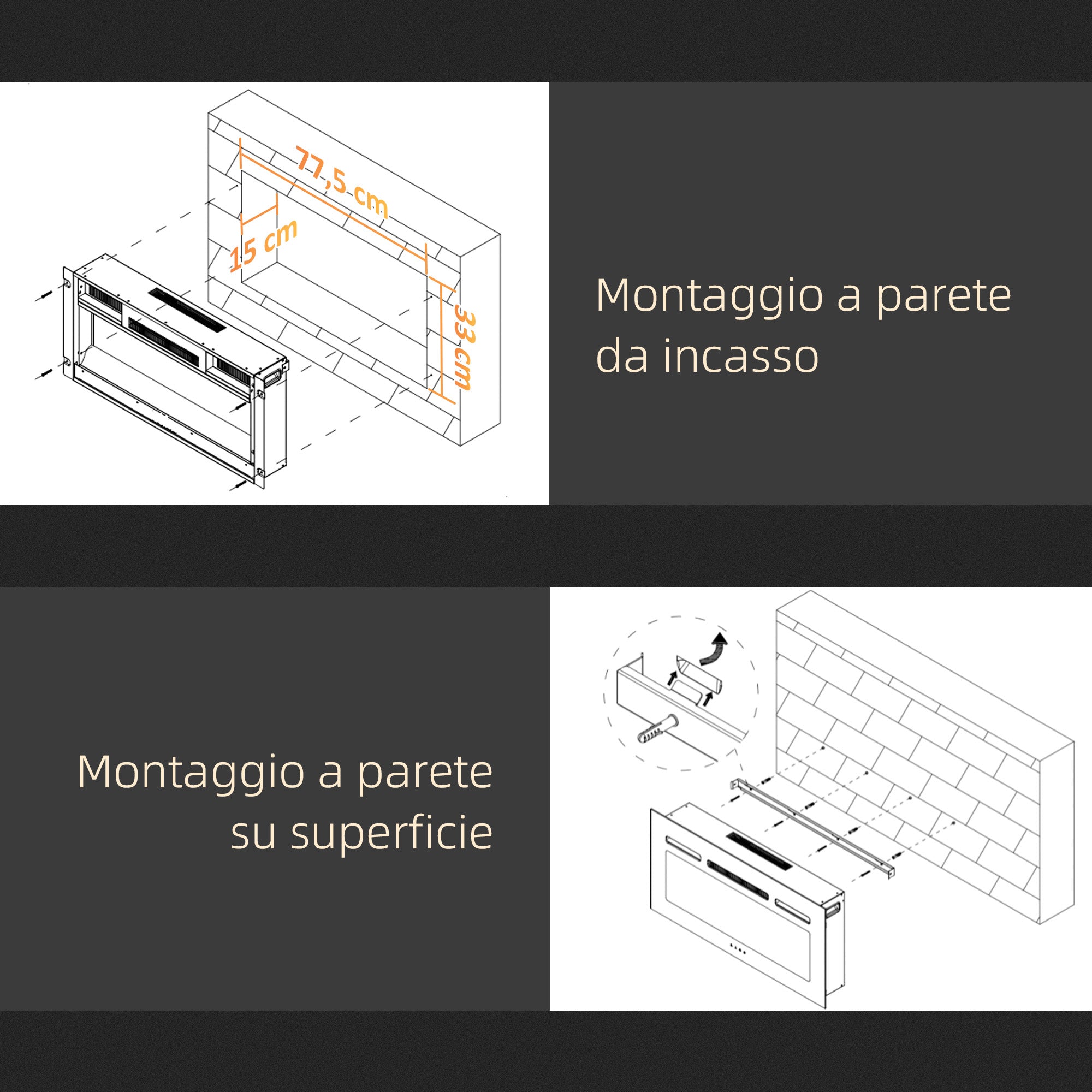 Camino a Bioetanolo da Incasso 90x15x40 cm 2 Bruciatori da 0,85L in Acciaio Inox Nero