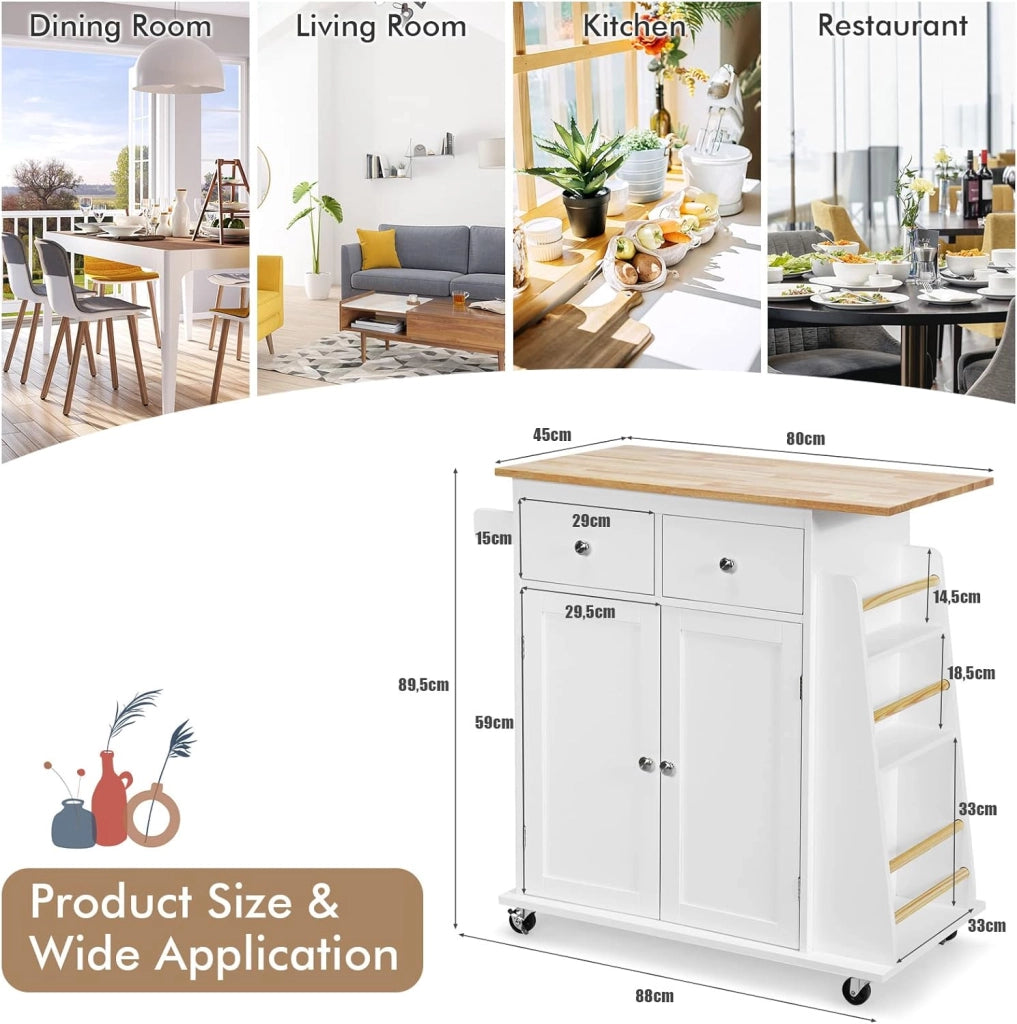 Credenza, Carrello di Servizio con Ruote Regolabile con Portaspezie a 3 Livelli, Armadio in Cucina con 2 Cassetti e 2 Porte, 2 Colori, 88x45x89,5cm