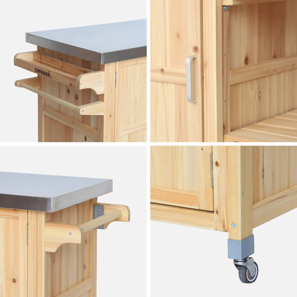 Carrello da cucina da esterno in legno con maniglie e 7 vani