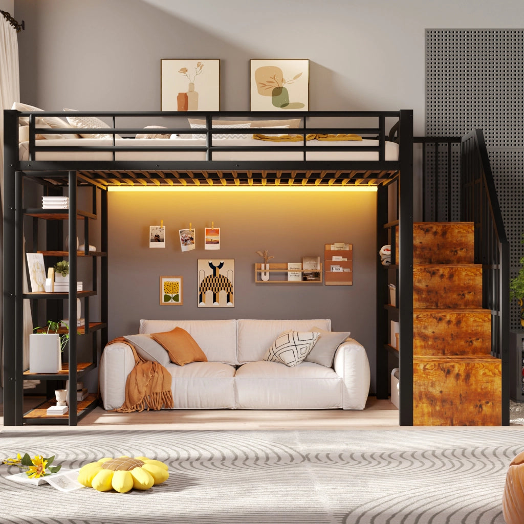 Letto a soppalco 90x200 cm con spazio libero sottostante; LED; ripiano; gradini integrati e parapetto; metallo nero