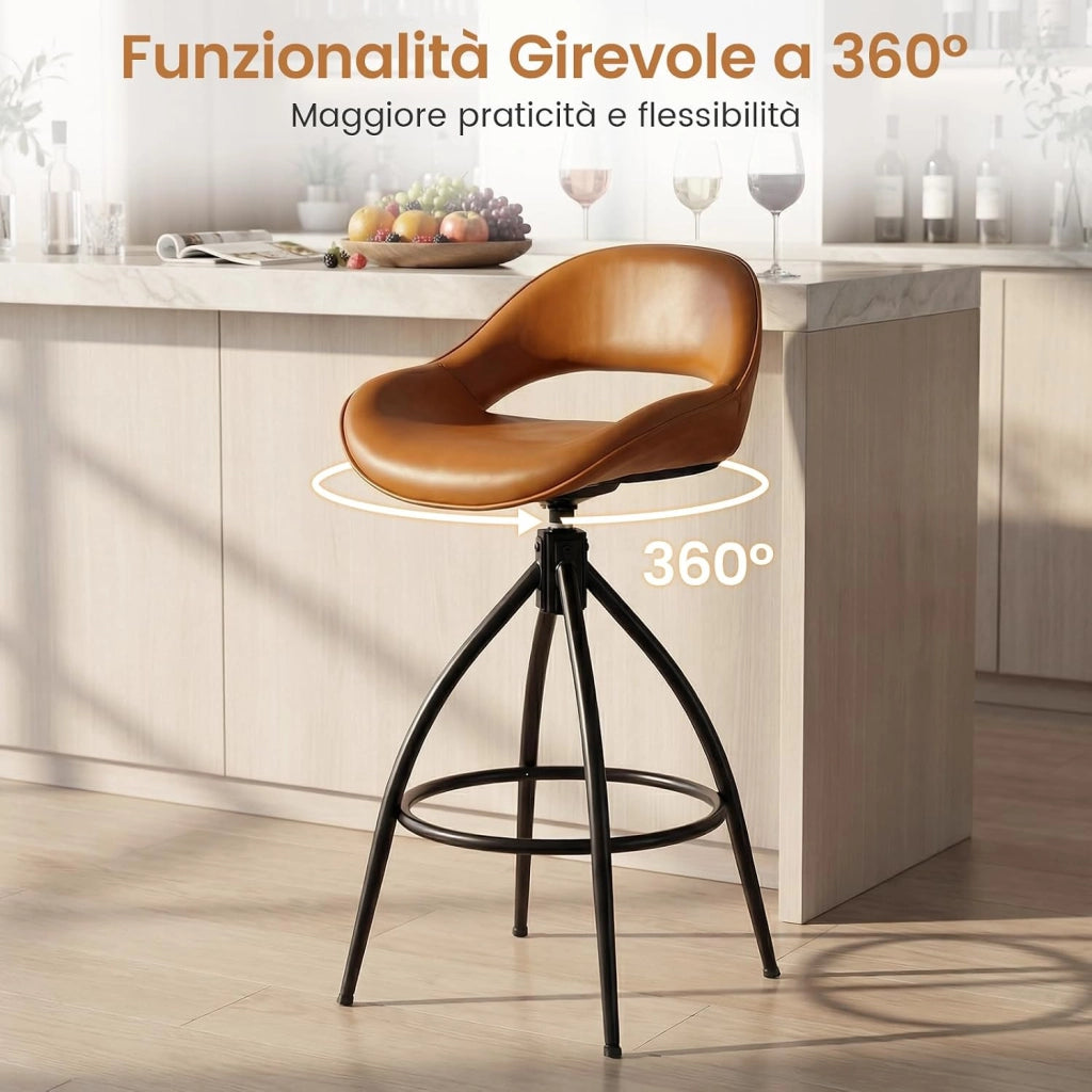 Set di 2 Sgabelli da Bar Girevoli 360° con Schienale e Poggiapiedi | Sedie da Pranzo Imbottite in Finta Pelle per Bar, Isola della Cucina e Sala da Pranzo, con Portata 150 kg