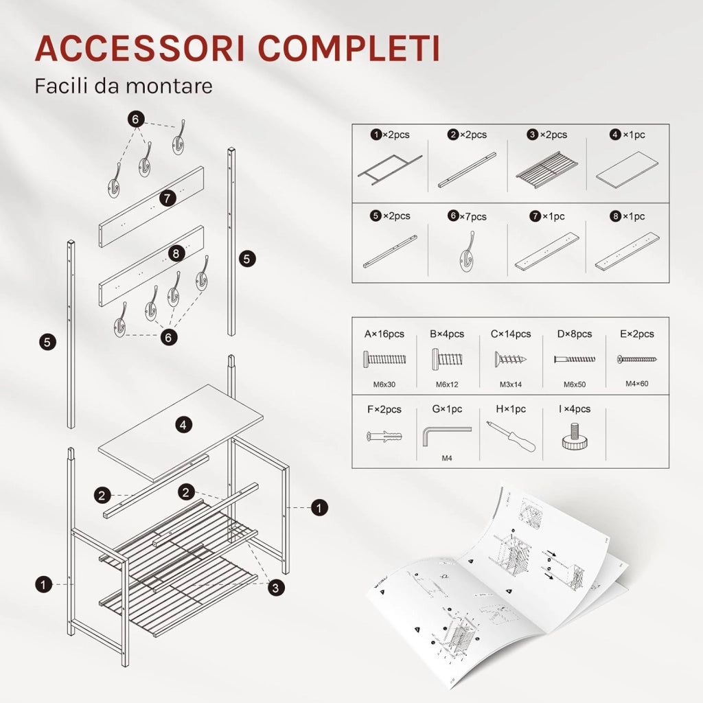 Appendiabiti Panca Porta Scarpe 3 in 1, Scaffale per Scarpe a 2 Livelli con Sedile e 7 Ganci, per Corridoio/Ingresso, Metallo + Legno Ingegnerizzato, Nero + Marrone Rustico, 60x31,5x170cm
