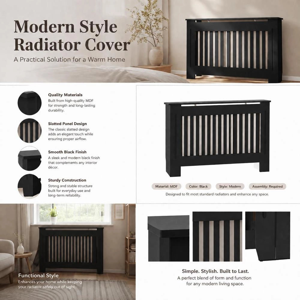 Radiator Cover, Black, 112x19x81.5 Cm, MDF
