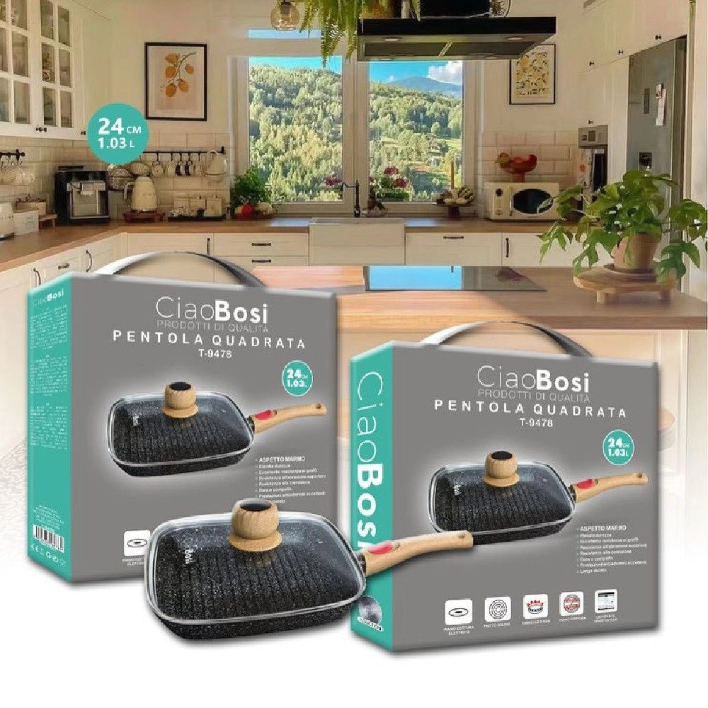 Trade Shop - Padella Pentola Quadrata Con Manico Coperchio Vetro 24cm 1.03lt Antiaderente T-9478 -