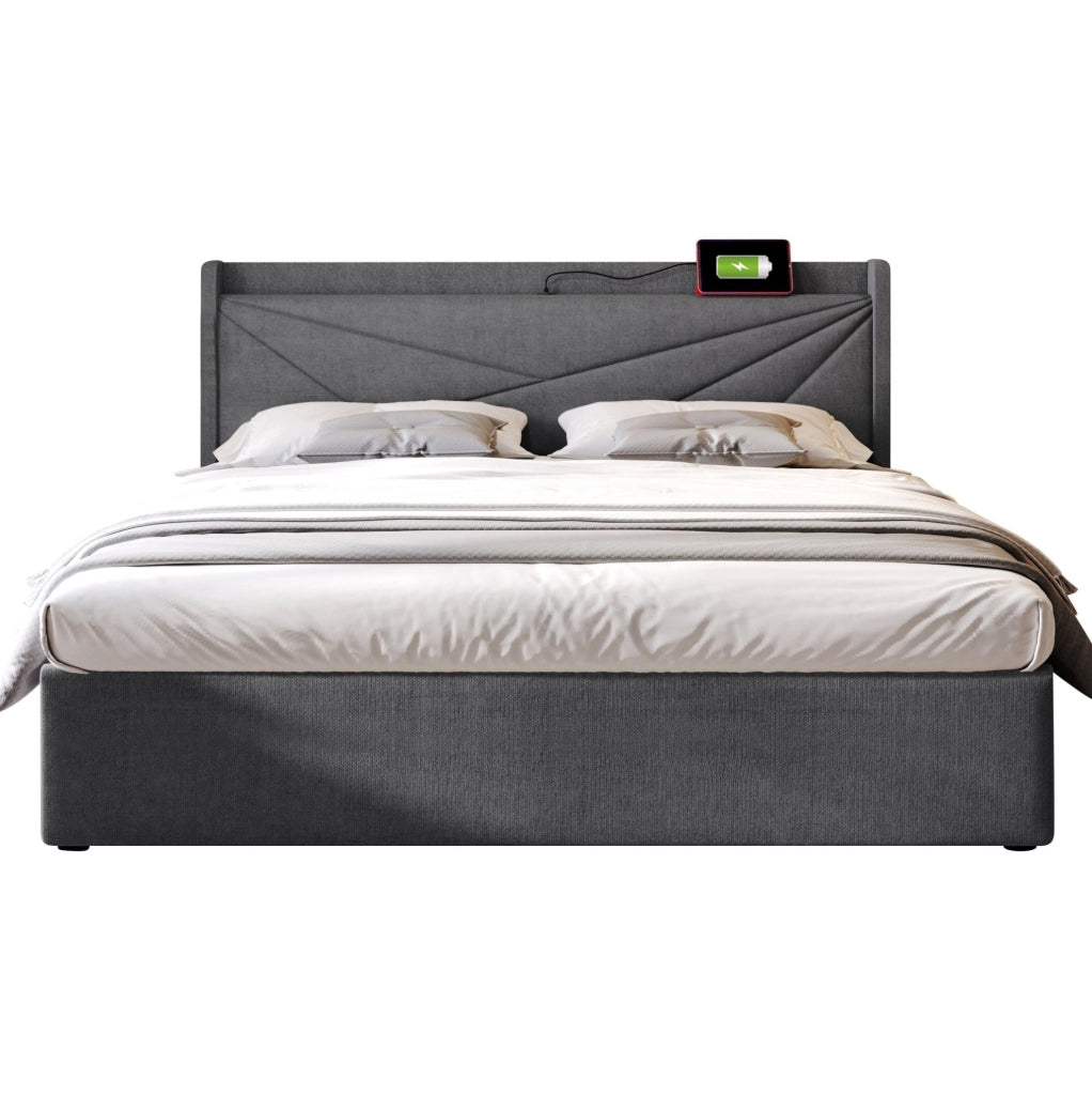 Letto matrimoniale 180x200 cm con contenitore; testiera con USB e Type-C; grigio in cotone e lino