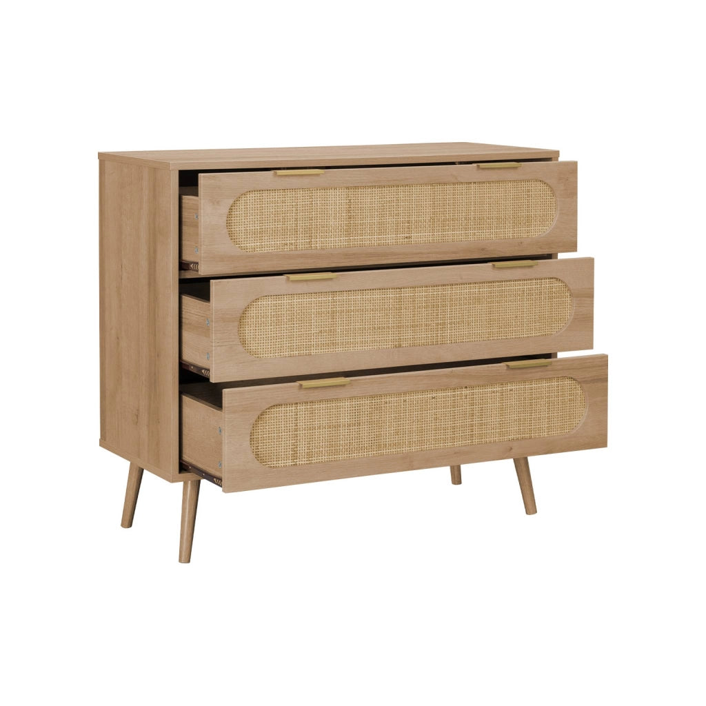 Cassettiera in legno e canna intrecciata, 3 cassetti, marrone naturale