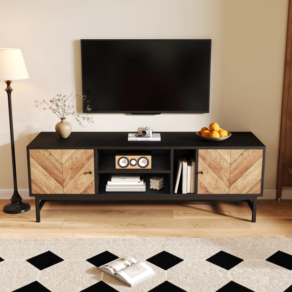 OKWISH Mobile TV con 2 Ante e 3 Vani, Gambe in Metallo, Stile Moderno, per Soggiorno, 150 x 38 x 55 cm, Nero