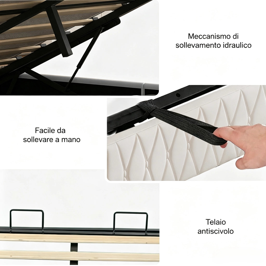 Letto singolo 90x200 cm con contenitore LED USB testiera imbottita mensole rete a doghe metallo legno velluto - beige