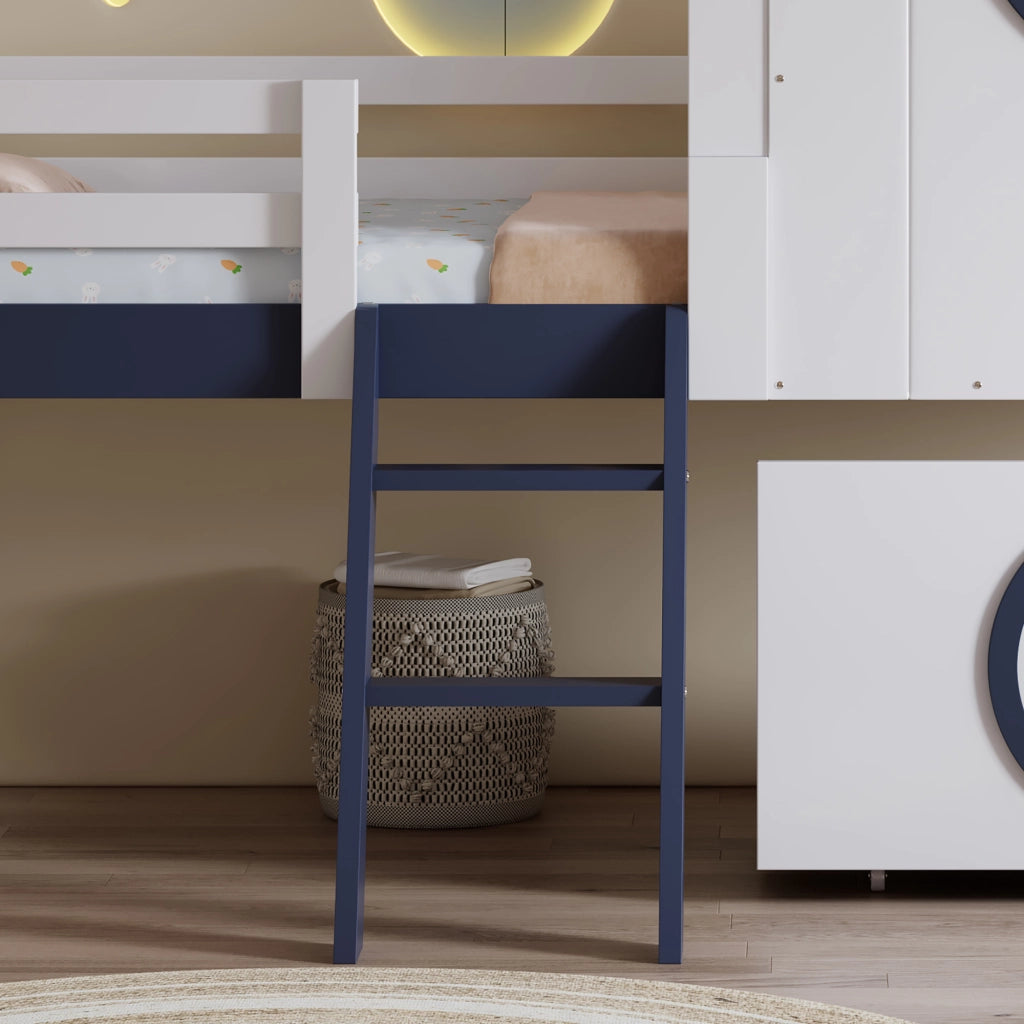 OKWISH Letto a Soppalco 90×200 cm, Letto Singolo con Cassetto con Ruote, Scala Inclinata e Tetto, senza Materasso, Bianco e Blu Scuro