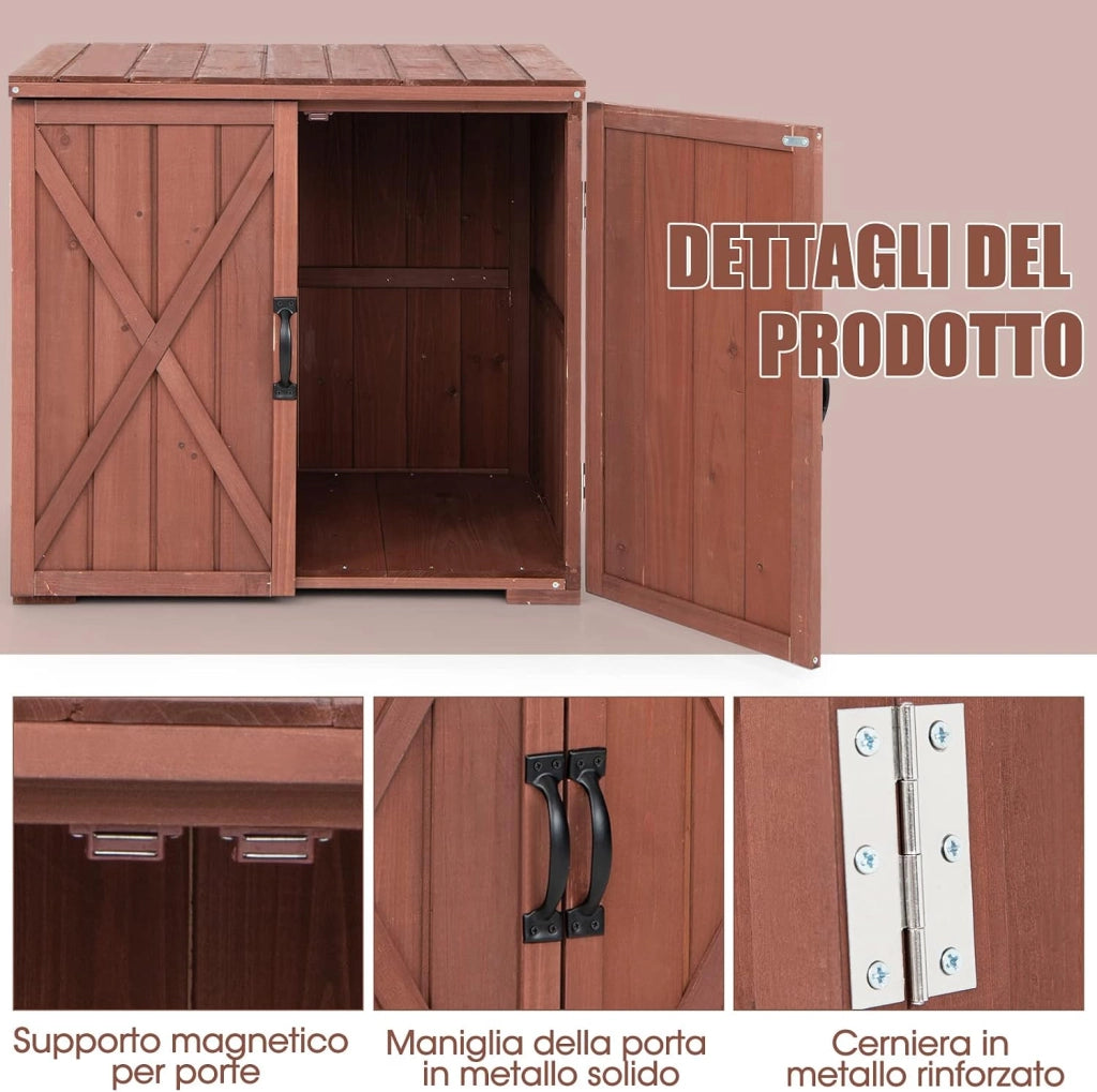 Casetta da Giardino in Legno di Abete, Capanno da Esterno con Doppie Ante Magnetiche e Comode Maniglie, Ideale per Giardino, Giardino, Fattoria e Cortile, 77 x 56 x 72 cm