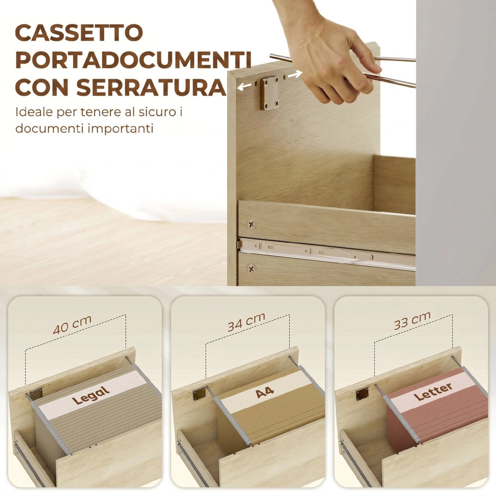 Scrivania con Libreria 126x50x109 cm Cassetto A4 Serratura e 2 Chiavi Bianco e Rovere