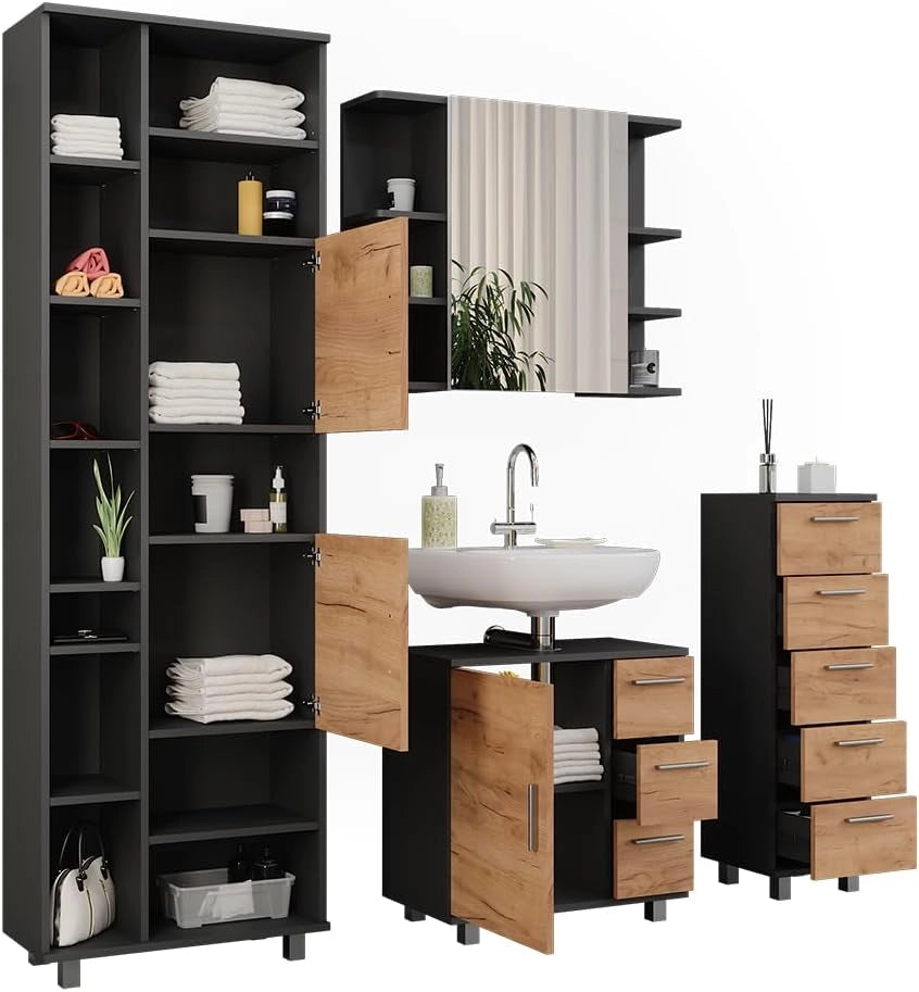 Set di mobili da bagno Ilias, Antracite/quercia dorata, 60.2 cm, composto da mobile lavabo, pensile a specchio, colonna e base media