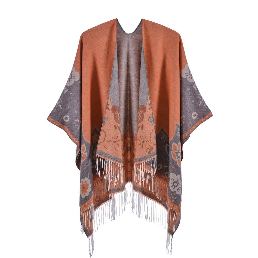 Sciarpa di nuovo stile con nappe e fiorellini, alla moda, oversize, calda e con spacco.