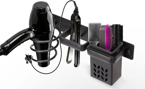 Organizzatore multifunzionale per bagno con supporto per stilettini e appendi capi per la parete - Organizzatore per strumenti per lo stile dei capelli - Beugolo multifunzionale con gancio e supporto per tazze - Nero