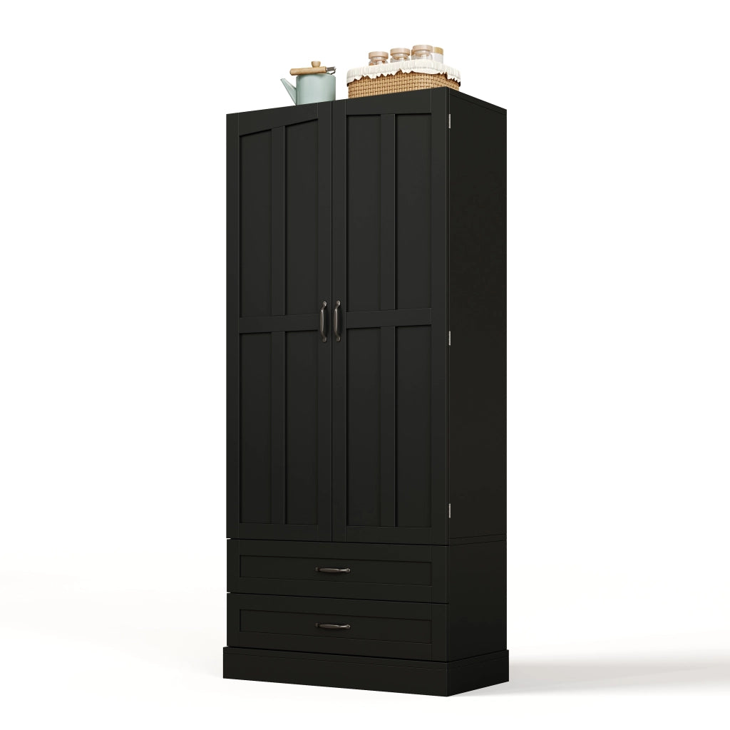 Credenza alta freestanding in MDF con 3 ripiani estraibili, 2 cassetti e ante con vani portaoggetti