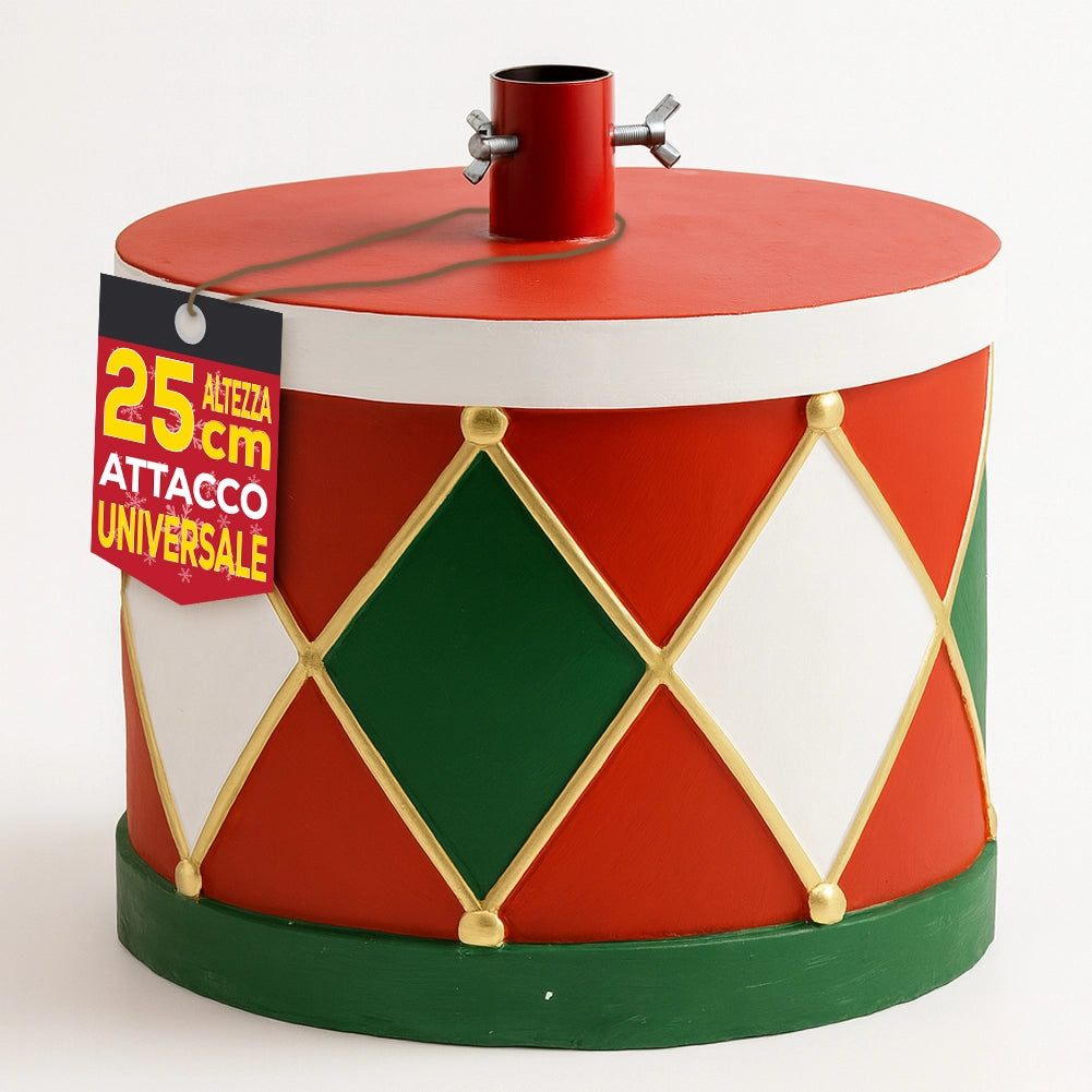 Base Albero di Natale Tamburo 32x25cm Decoro Attacco Universale Rosso e Verde