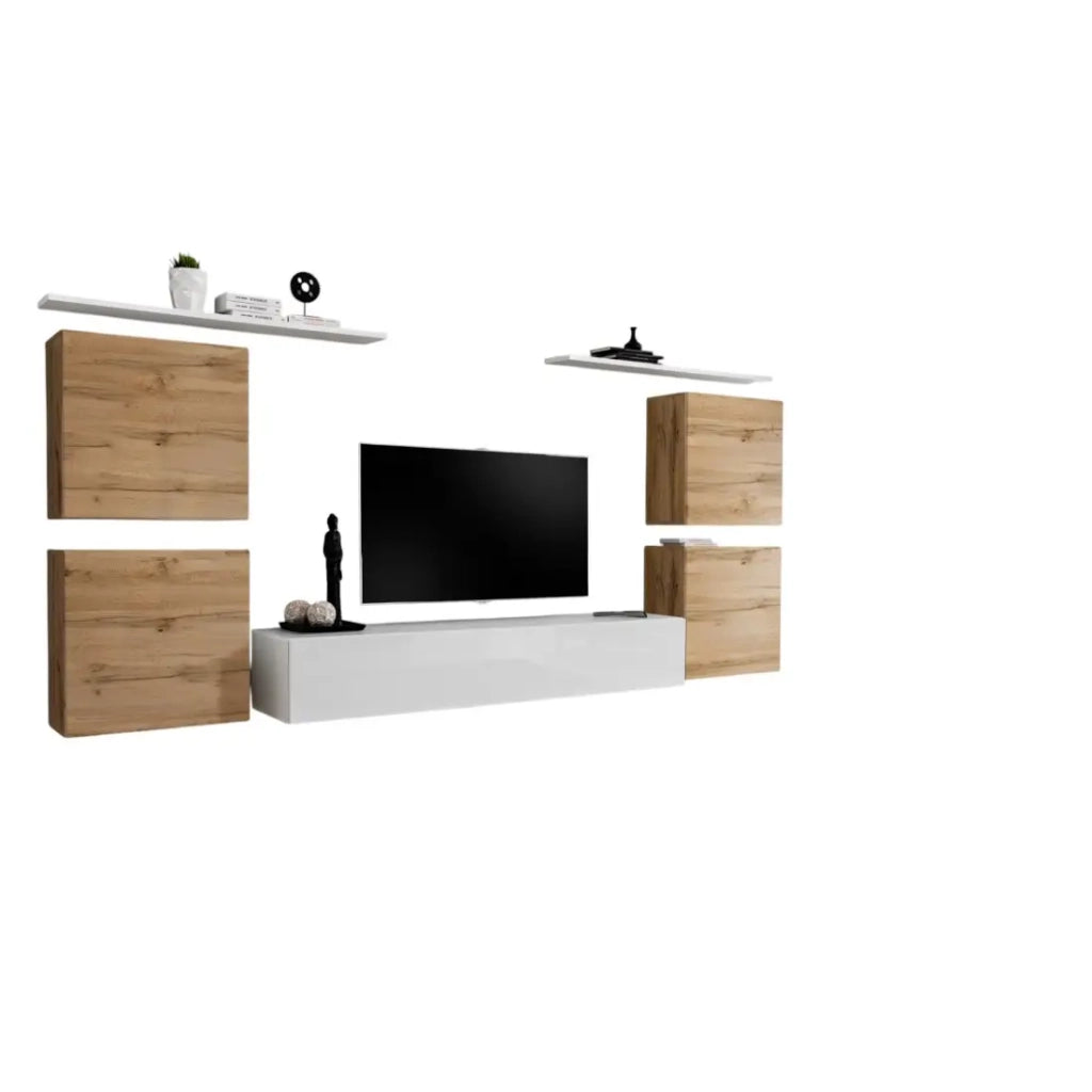 Set di mobili da soggiorno SWITCH IV design, colore bianco e rovere Wotan.