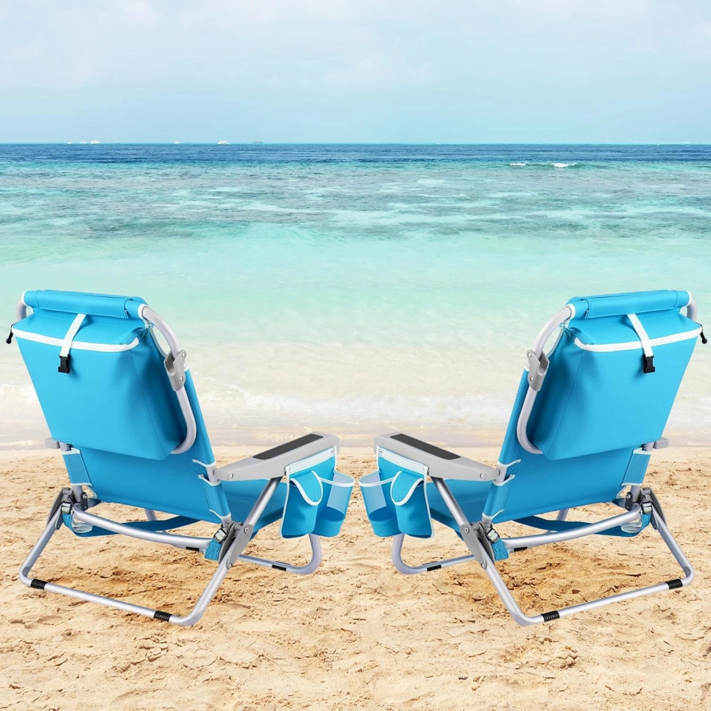 Sedia da Spiaggia Pieghevole con Zaino, Sedia da Campeggio in Alluminio Reclinabile con Schienale Regolabile in 5 Posizioni, Porta Asciugamani (65 x 66 x 78 cm,Blu,2)